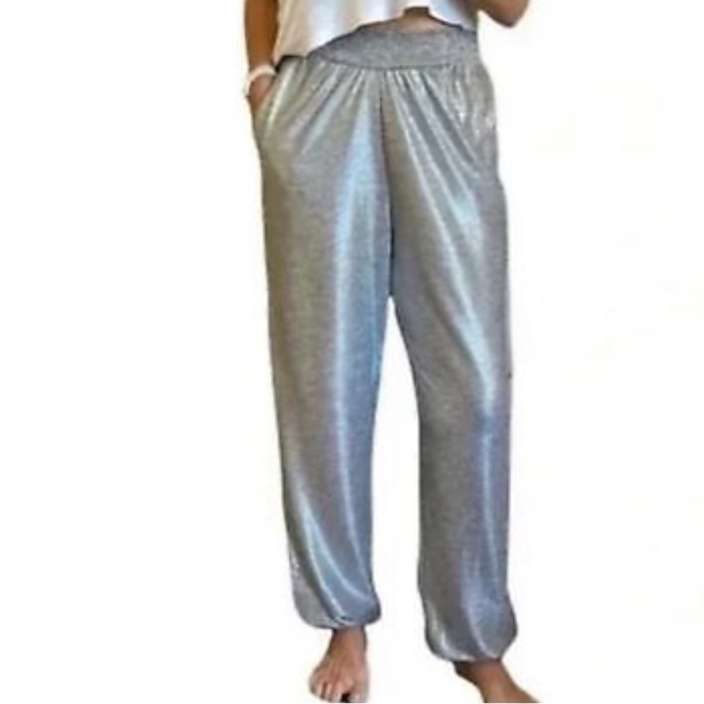 ANTHROPOLOGIE Metallic Silver Elastic Waist High Rise Joggers Size LP NEW